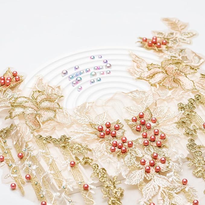 Beaded Pearl Flower Fabric Lace Applique, Floral Embroidered Patches Handmade Sewing Tool for DIY Neckline Bodice Wedding Bridal Prom Dress(Apricot-Large)