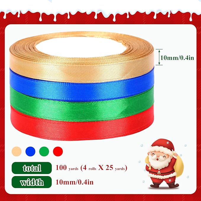 DECYOOL Christmas Ribbons, 4 Rolls 100 Yards Christmas Satin Ribbons 10mm Wide Holiday Craft Ribbons for Gift Wrapping and Xmas Decoration, Red & Green & Royal Blue & Champagne Gold