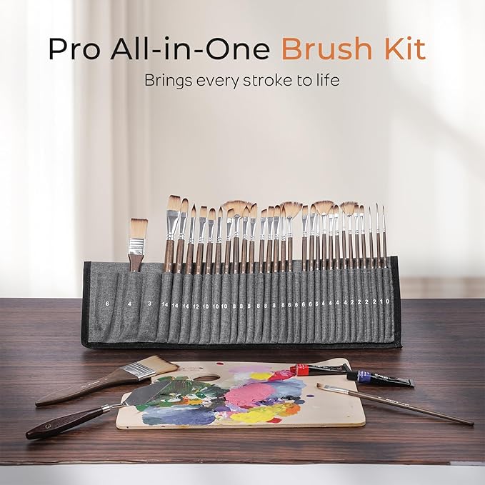 Nicpro 32pcs Paint Brush Set, Professional Paintbrushes with Paint Spatula and Cloth Roll Case, Craft Paint Brushes for Acrylic Painting, Oil, Watercolor, Gouache, Art Supplies for Artists Beginners