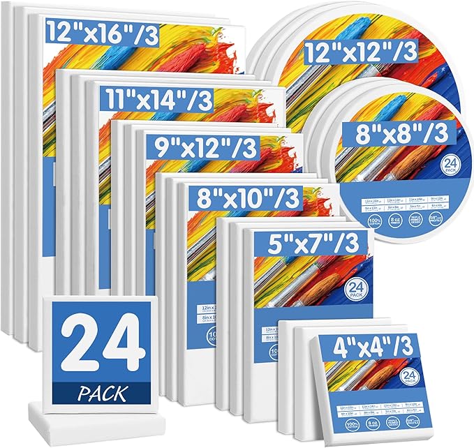 FIXSMITH 24 Pack Stretched Canvases, Multi Pack - 4x4, 5x7, 8x10, 9x12, 11x14, 12x16, Round Canvas 12x12, 8x8 (3 of Each), 100% Cotton, Primed Canvases for Acrylic, Oil, Wet or Dry Art Media…
