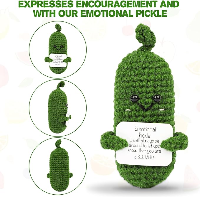 Hoedia Handmade Emotional Pickle Gift, Cucumber Crochet Doll Inspirational Gifts with Cards, Cute Knitted Funny Support Potato Friend Birthday Mothers Day Easter Basket Stuffers (Emotional Pickle)