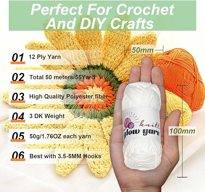 Glow in The Dark Yarn - 5 Pack Colorful-1 (260g/9oz | 273 Yards), Knitting & Crochet Thread for DIY Crafts, Christmas Gifts, Doll Making (Black)