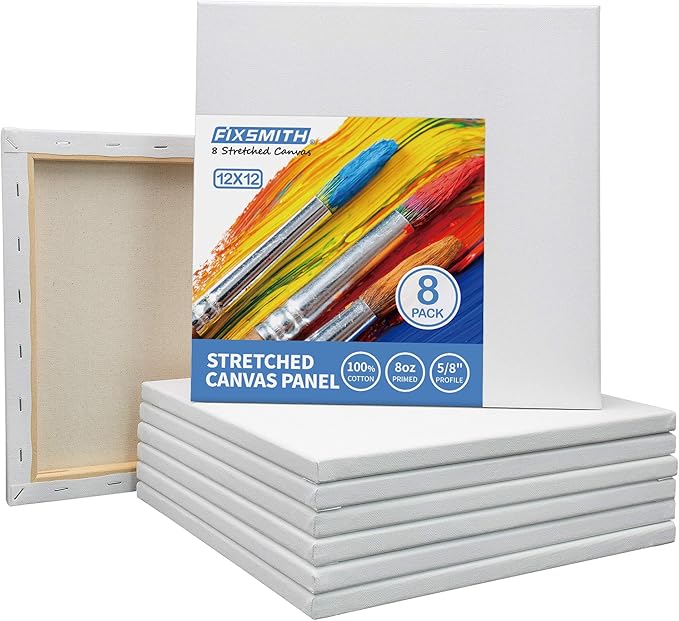FIXSMITH Stretched White Blank Canvas- 12x12 Inch,Bulk Pack of 8,Primed,100% Cotton,5/8 Inch Profile of Super Value Pack for Acrylics,Oils & Other Painting Media