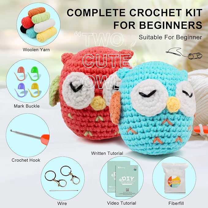 Faircosy 2PCS Beginner Crochet Kit: Amigurumi Crocheting Owls Kits, Starter Kit for Adults and Kids (10Age+) with Detailed Instructions and Tutorial, Surprise Gift for Lover, Family, Friends, Children