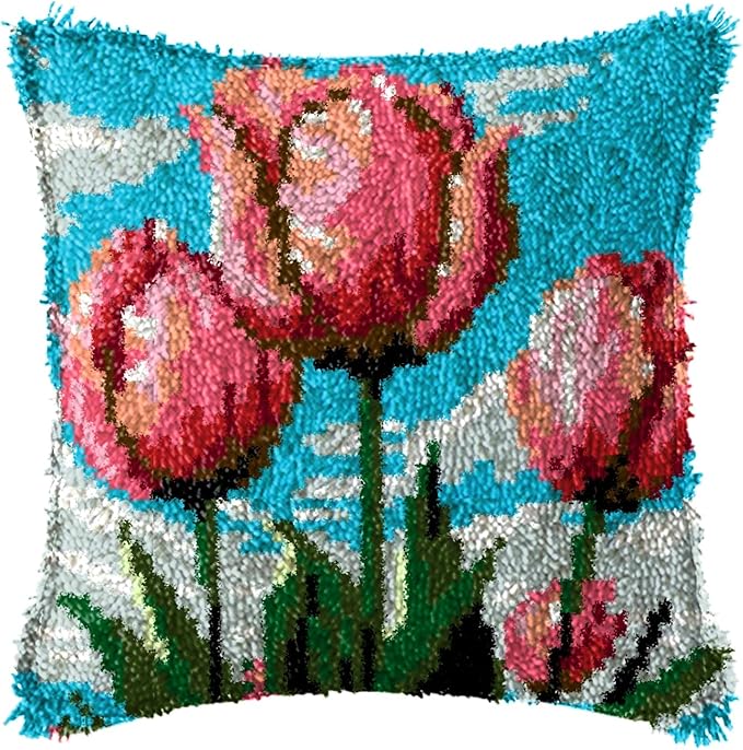 LAPATAIN Latch Hook Kits for Adults Kids,Tulip Pattern Color Printed Canvas DIY Throw Pillow Cover,Beginners Handmade Needlework Crafts Home Decoration 17x17inch