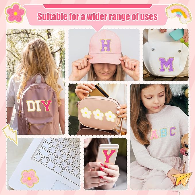 72 Pcs Preppy Chenille Patches Self Adhesive Embroidered for DIY Clothing,Include 52 A-Z Chenille Letter Patches Stickers,20 Rainbow Flower Lighting Bowknot Stick on Backpack Patches for Bags Hats