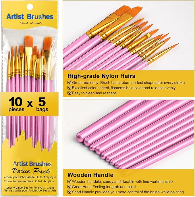 Acrylic Paint Brushes Set, 50Pcs Round Pointed Tip Artist Paintbrushes for Acrylic Painting Oil Watercolor Canvas Boards Rock Body Face Nail Art, Halloween Pumpkin Ceramic Crafts Supplies，Pink