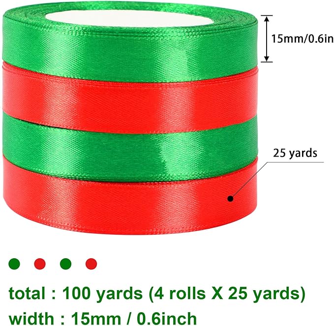 Christmas Ribbons, DECYOOL 4 Rolls 100 Yards Christmas Satin Ribbons 15mm Wide Holiday Craft Ribbons for Gift Wrapping and Xmas Decoration, Red & Green