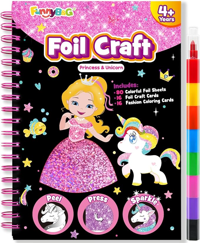 FUNNYB&G Foil Art Craft for Kids - Christmas Crafts Gift Party Favors Stocking Stuffers for Kids Fun Art Supplies Creative Birthday Gift Travel Toys for Girls Boys 4 5 6 7 8 9 Years Old(Princess)