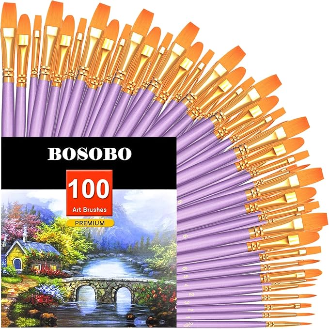 BOSOBO Paint Brushes Set, 10 Pack 100 Pcs Round Pointed Tip Paintbrushes Nylon Hair Artist Acrylic Paint Brushes for Acrylic Oil Watercolor, Face Nail Art, Miniature Detailing & Rock Painting, Purple