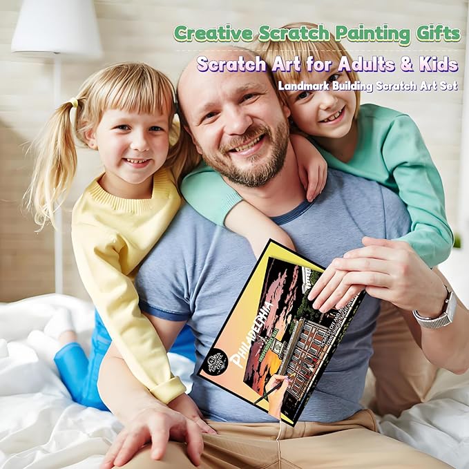 Scratch Art Painting Kit for Adults-8 Sheets A4 Rainbow Scratch Painting Paper Craft Set with City Landmarks|Stress Relief Gift for Travel&Craft Lovers|Scratch Art Home Decor(American Series)