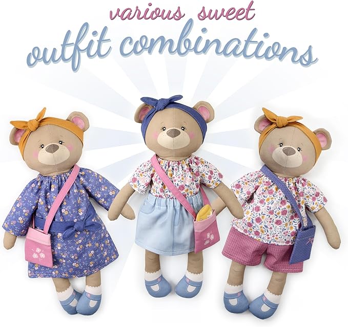 kullaloo - Sewing Kit for Kids & Beginners - Cut & Sew Fabric Panel – Sewing Patterns Pre-Printed on The Fabric - DIY Rag Doll Kit with Clothes - Betsy Bear Sewing Project - Incl. Video Instructions