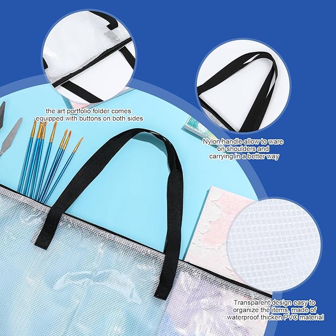 Tenceur 2 Pcs Art Portfolio Case 24 x 36 and 48 x 36 Inch Large Poster Storage Bag PVC Art Portfolio Container with Zipper and Handle Bulletin Board Clear Storage Folder for Artwork