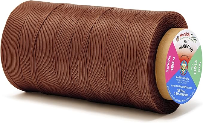 Mandala Crafts Brown Flat Waxed Thread for Leather Sewing - 197 Yds 210D 1mm Polyester Leather Thread String Waxed Cord for Leatherwork, Beading, Bookbinding, Hand Stitching