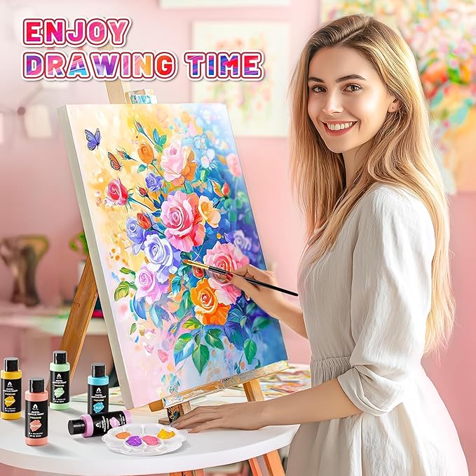 40 Pcs Pastel Acrylic Paint Set with 12 Brushes, 2 Knives & Palette, 24 Colors (2oz/60ml) - for Adults, Kids, Artists & Beginners - Canvas Ceramic Rock Wood Egg Painting Kit