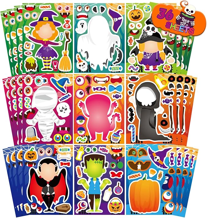 36 Sheets Halloween Stickers for Kids, Make Your Own Halloween Character Mix and Match Stickers Vampires Witches Mummies Zombies Ghosts Sticker, Halloween Party Party Supplies Favors