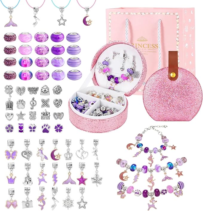 Emibele Girls Charm Beads Bracelet Making Kit with Portable Jewelry Box, Jewelry Making Kit for Kids Age 5 6 7 8-12, DIY Arts Crafts Toys for Teens Girls Gift Choices on Birthday Valentines Christmas