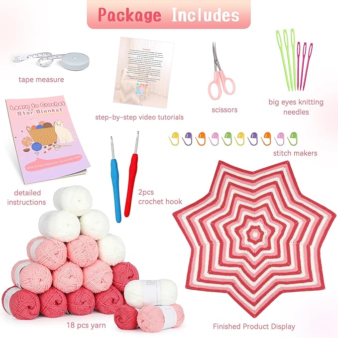 Katech Crochet Kit for Beginners, Learn to Crochet Granny Square Star Blanket Kits w/Step-by-Step Video Tutorials-Complete Beginner Crocheting Kit for Adults Kids-Easy Knitting Kit w/Enough Soft Yarn