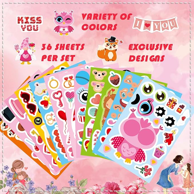 36 Sheets Valentine's Day Stickers for Kids, Make a Face Sticker Make Your Own Animal with Heart Mix Stickers Valentine's Day Activities Party Favors