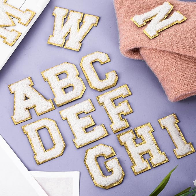 52 Pcs White Chenille Letter Patches Self Adhesive for Clothing,A-Z Varsity Letter Stickers Embroidered Sew on Repair Patches for Jackets Hats Backpack