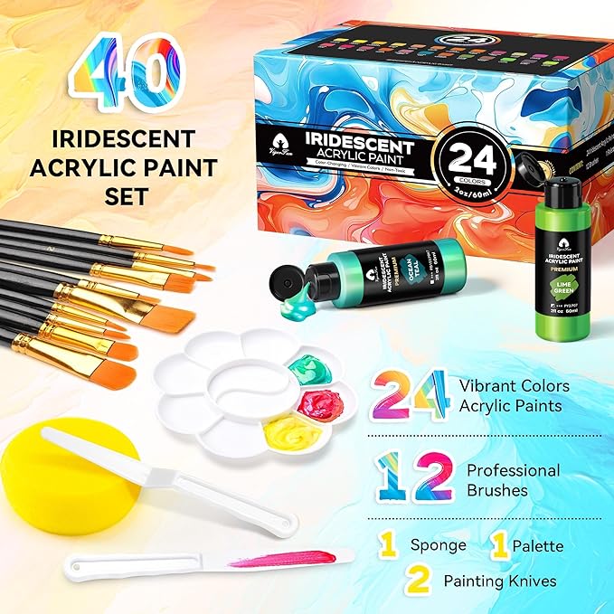 40 Pcs Iridescent Acrylic Paint Set with 12 Brushes, 2 Knives & Palette, 24 Colors (2oz/60ml) - for Adults, Kids, Artists & Beginners - Canvas Ceramic Rock Wood Egg Painting Kit