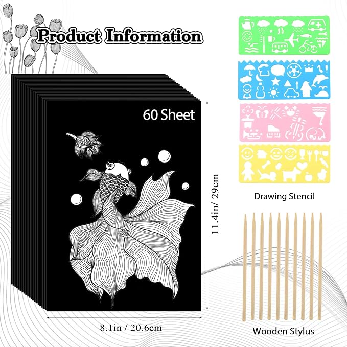 60 Sheets Scratch Paper Art Set, Scratch Off Paper Black Coated Scratchboard Craft Kits, Laser Scratch Paper, Scratch Art Paper for Adult (11.4"x8.1")