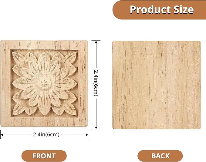 4Pcs Unpainted Solid Wood Floral Appliques, 2.4x2.4 Inch Cabinet Onlays, Handmade Carved Wood Decor for Furniture, Doors, DIY Home Decor Projects (Square, Unfinished)
