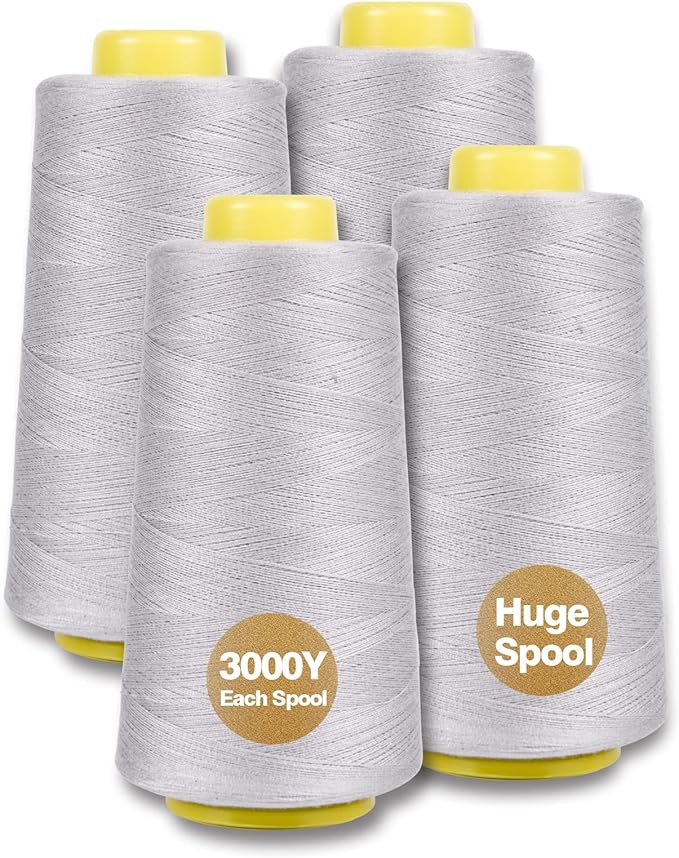 Gray Serger Thread, All-Purpose Thread for Sewing, Polyester, 4 Cones of 3000 Yards Each Spool for Sewing Machine