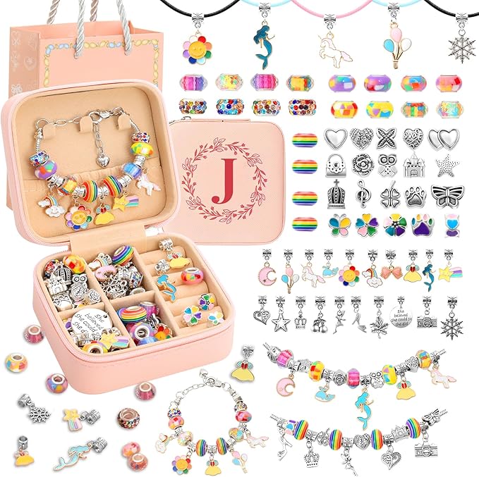 Charm Bracelet Making Kit for Girls 4-6, Kids Jewelry Making Kit 5-7 6-8 66Pcs Jewelry Kits for Teen Girls Ages 8-12 Jewelry Maker Craft Birthday Christmas Gifts with Initial Jewelry Organizer Box -J