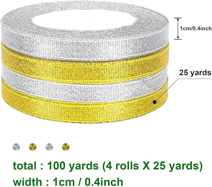 DECYOOL 4 Rolls 100 Yards Christmas Ribbons 10mm Wide Holiday Metallic Glitter Ribbons for Gift Wrapping and DIY Craft, Gold & Silver