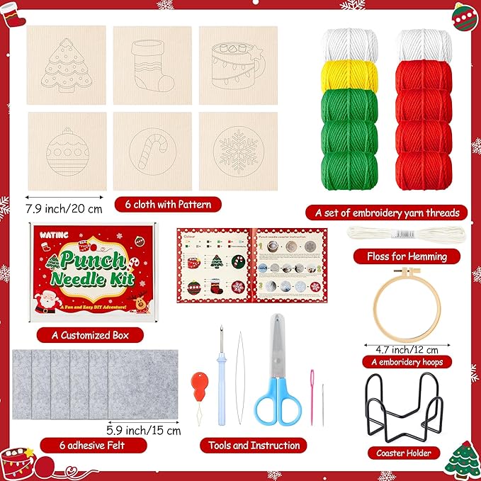 WATINC Christmas Punch Needle Coaster Kit - 23Pcs Easy Art Work Decor Craft Supply for Beginners, DIY Set of 6 Unique Pattern Tufted Pads with Adhesive Felt Yarn Tools Coaster Holder Instruction (Red)