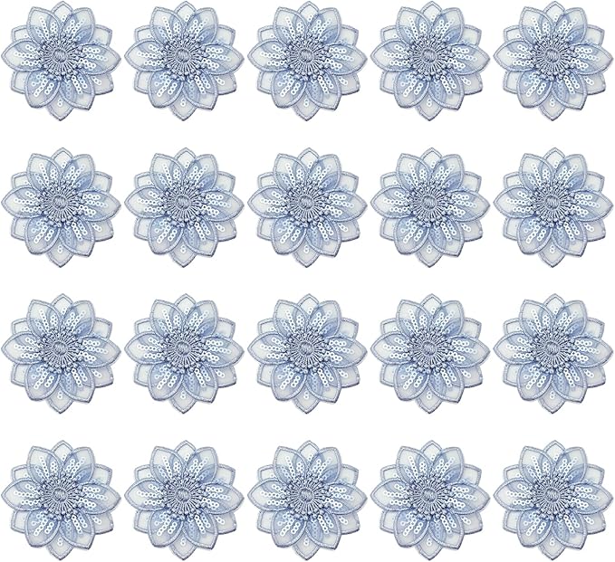 BETITETO 20pcs Embroidery Flower Lace Applique Exquisite 3D Sequins Organza Floral Sew On Patches for Wedding Bridal Dress Clothes Headpieces Sewing Craft DIY (Blue)