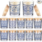 Ziliny 10 Pcs Christmas Blue and White Porcelain Glass Candle Jars Empty Containers Bulk 7 oz Ceramics Glass Jars with Cork Lids Tins for Candle Making Storing Biscuits Tea Party Favors
