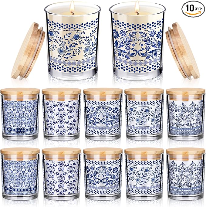 Ziliny 10 Pcs Christmas Blue and White Porcelain Glass Candle Jars Empty Containers Bulk 7 oz Ceramics Glass Jars with Cork Lids Tins for Candle Making Storing Biscuits Tea Party Favors