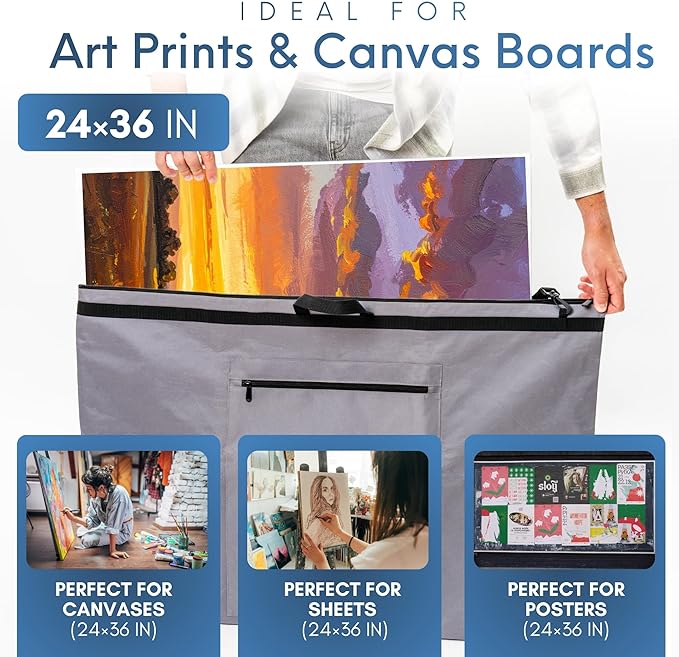 Large 24 x 36 inches Art Portfolio Bag, Fits ARCH D Blueprints, Posters & Art Prints, Waterproof Artist Case with Shoulder Strap, Durable Grey Carrying Tote for Architects, Designers & Students
