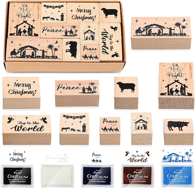 Woanger 15 Pcs Christmas Wooden Rubber Stamps and Craft Ink Pads Nativity Religious Christmas Craft Pads for Scrapbooking DIY Stamps Paper Wood Fabric Advent Holiday