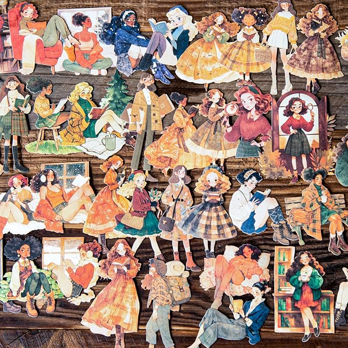 TIAMECH Library Girl Kraft Paper Stickers - 90 Pcs Reading Books Design, Sticker for Journaling & Scrapbooking, Junk Journal Supplies, Ephemera & DIY Crafts