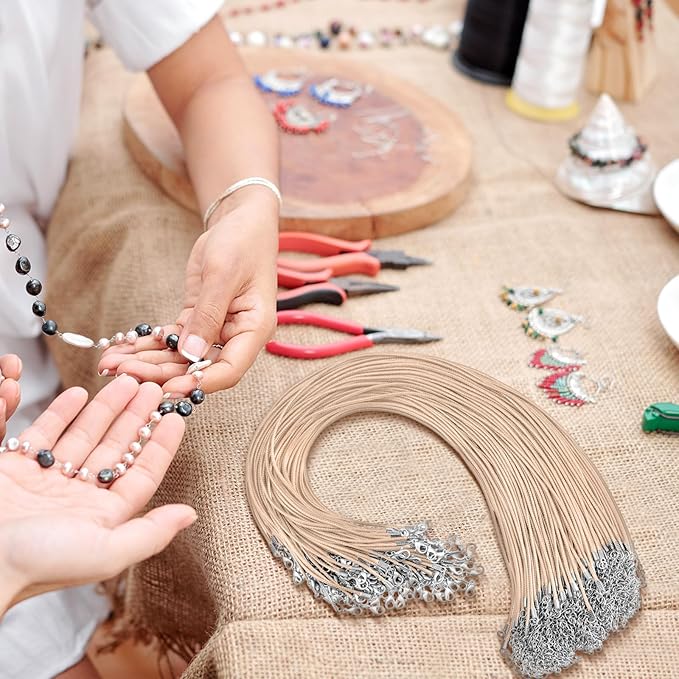 Tudomro 100 Pieces 20 Inch Waxed Leather Necklace Cord Bulk with Clasp Colorful Necklace Bracelet Chains String Rope Cord for Jewelry Making Pendants Charms(Khaki)