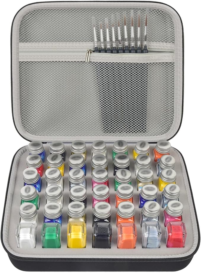 ALKOO Model Paint Storage Case for Testors Paint Set, Paints Organizer Carrying Bag Holds 42 Bottles with 9 Fine Detail Miniatures Brushes, Enamel Container, Drawing Ink Holder- Box Only (Grey)