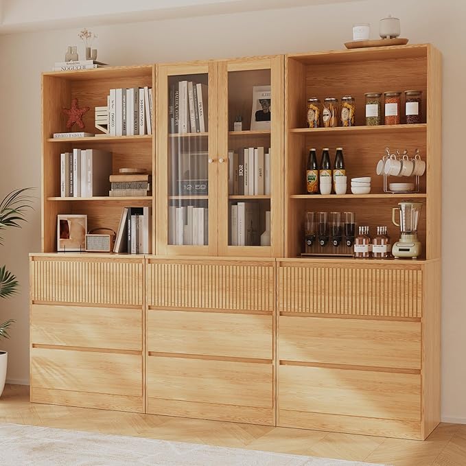 TUSY 71'' Freestanding Tall Storage Cabinet, 5 Tier Wood Bookcase with 3 Drawers and 2 Tempered Glass Doors (DBBD)