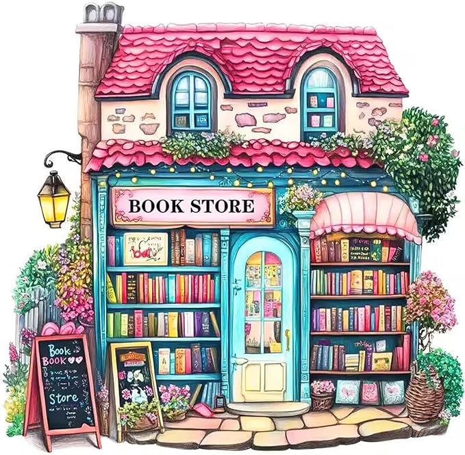 Pink Bookstore Diamond Painting Kits for Adults, 5D Diamond Art Painting by Numbers Kits, DIY Diamond Dots Art Kits, Full Round Drill Diamond Paintings for Adults for Home Wall Decor, 13.8x13.8 in