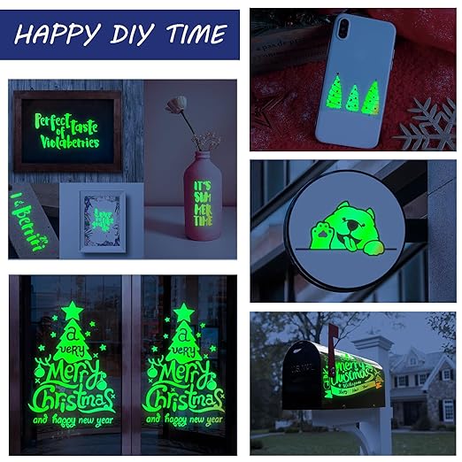 Glow in The Dark Vinyl 12" x 6 ft Permanent Adhesive Vinyl Holographic Iridescent Vinyl Opal White Glow Green for Wrap, Stickers, Decal, Lettering, DIY Crafts Decor