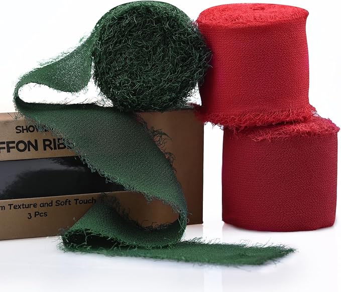 3 Rolls Christmas Handmade Fringe Chiffon Ribbon 1.5 Inch x 7 Yard Silk-Like Colorful Rustic Ribbon for Bouquets Wrapping Decor Wedding Tie Invitations Crafts