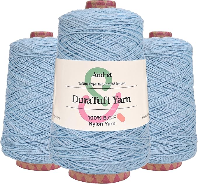 And-et DuraTuft Yarn 45 Vibrant Colors Tufting Nylon Yarn Pack - Ideal for Crochet, Craft Projects -100% B.C.F. - 3 Cones x 1.66lbs -180yards -Perfect for Rug Weaving and Knitting (32 Light Blue)