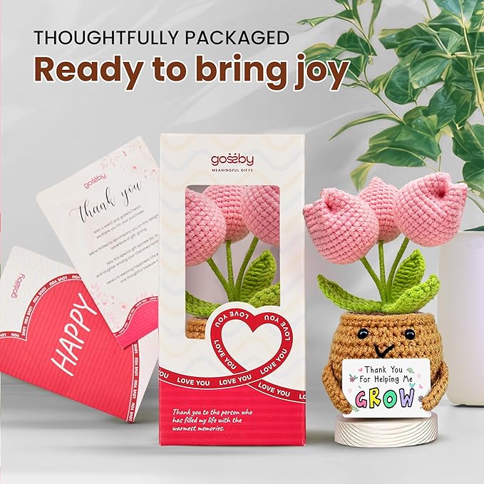 Gossby Handmade Positive Tulip Flower Crochet - Thank You for Helping Me Grow - Teacher Appreciation Gift - Thank You, Birthday, Graduation, Last Day of School Gift for Teacher from Student