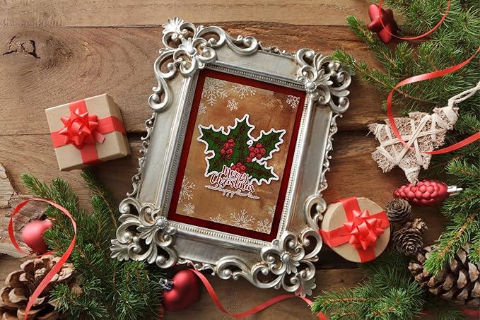 Arbuya Christmas Berry Branch Silicone Clear Stamps for Card Making Evergreen Ornaments Silicone Stamps Christmas Sentiment Rubber Stamps for Scrapbooking Journals Paper Crafting