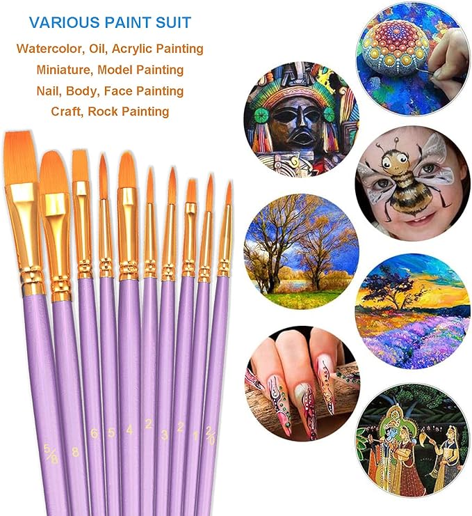 BOSOBO Paint Brushes Set, 2 Pack 20 Pcs Round Pointed Tip Paintbrushes Nylon Hair Artist Acrylic Paint Brushes for Acrylic Oil Watercolor, Face Nail Art, Miniature Detailing & Rock Painting, Purple