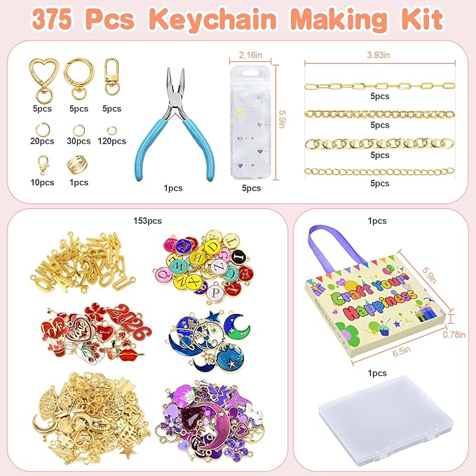 VvLons 375Pcs Lip Gloss Keychain Making Kit, Keychain Making Kit Including 153 Charms 15 Clips 20 Extender Chain, Jewelry Making Kit for Bags Keychains Christmas Gifts