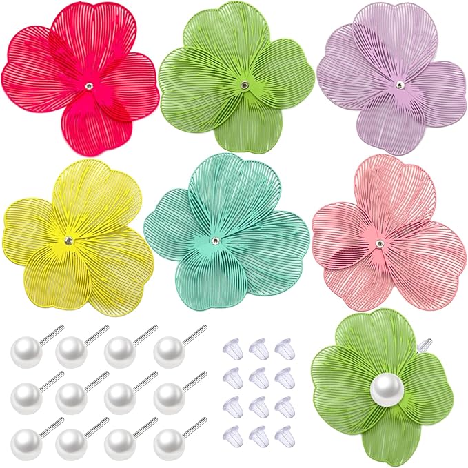 COLIGREE 6 Pairs Colorful Flower Pearl Stud Earring Set Hollow Floral Filigree Earring Making Kit for DIY Earrings Necklaces Rings Hair Jewelries