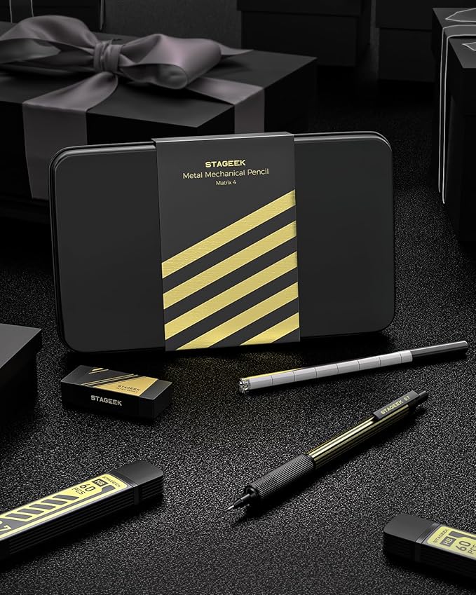 0.7mm Mechanical Pencil with Metal Gift Case, 1PCS Metal Mechanical Pencil with 120Pcs HB Lead Refills,4B Erasers and 9PCS Eraser Refills, for Writing Drafting Drawing and Sketching(Gold)